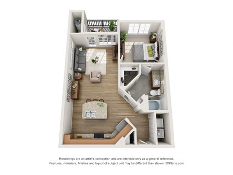 Floor plan for 1 bed, 1 bath, 678 sqft